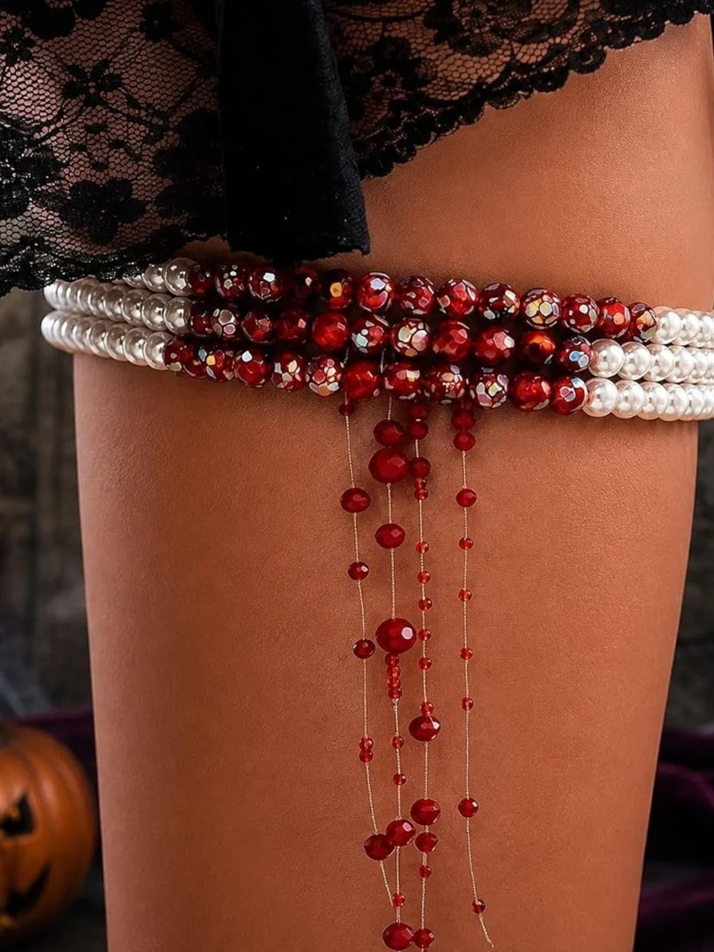 Gothic Pearl & Red Beaded Thigh Garter with Cascading Charm Strands